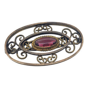 Vintage Filigree Brooch Oval Brass Ornate Scroll Ruby Red Glass Stone Antique